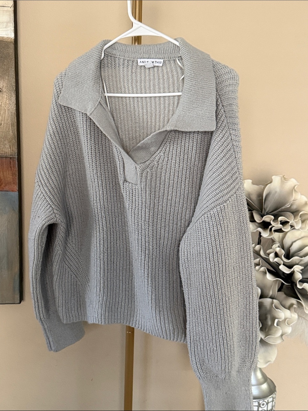 Light Gray Ribbed Open-Collar Sweater